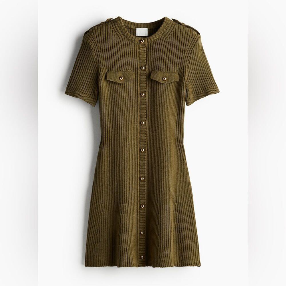 H&M Dark Khaki Green Rib Knit Button Front Mini Dress Gold Buttons M